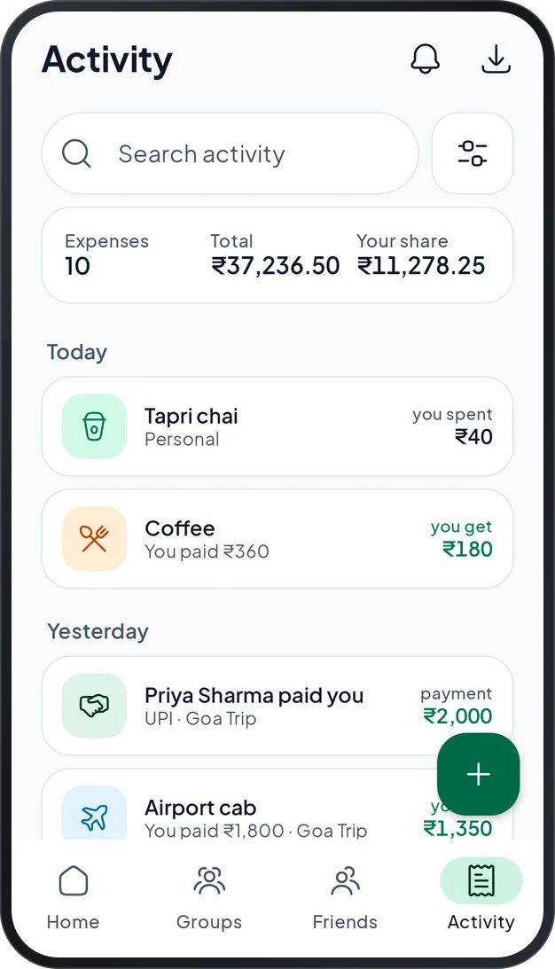 The Activity tab with search, filters, totals and every expense and payment, newest first
