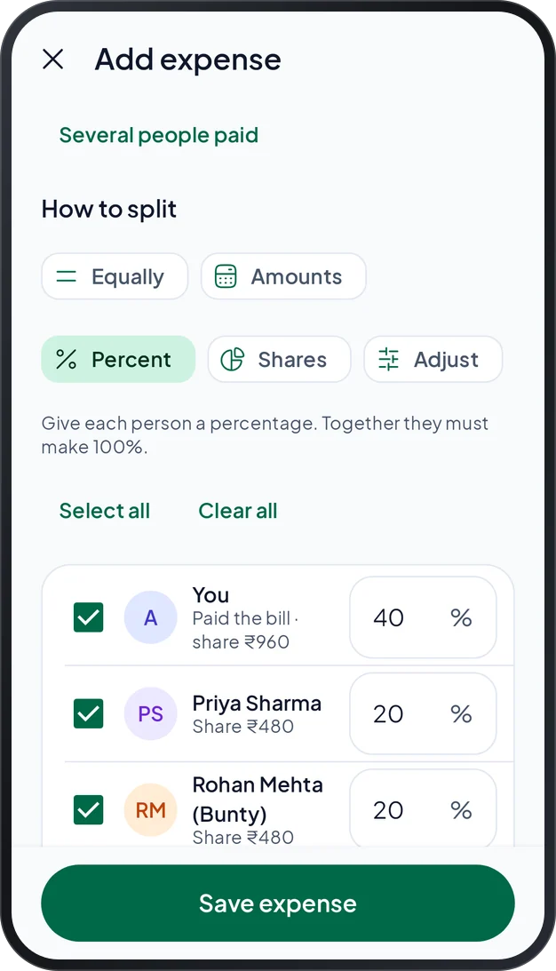 The Add expense screen, with five ways to split: equally, by amounts, by percent, by shares or adjust