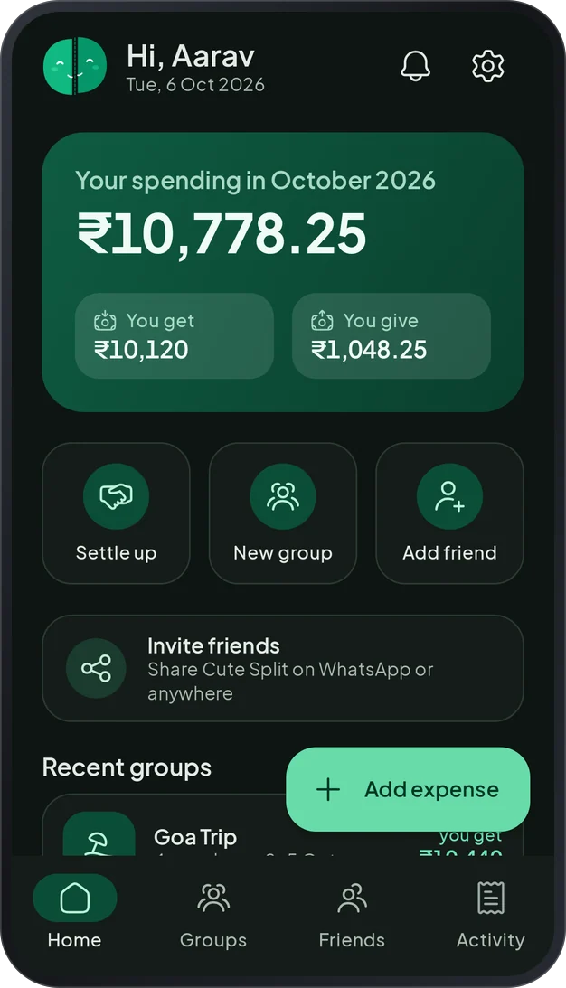 The home screen in the dark theme