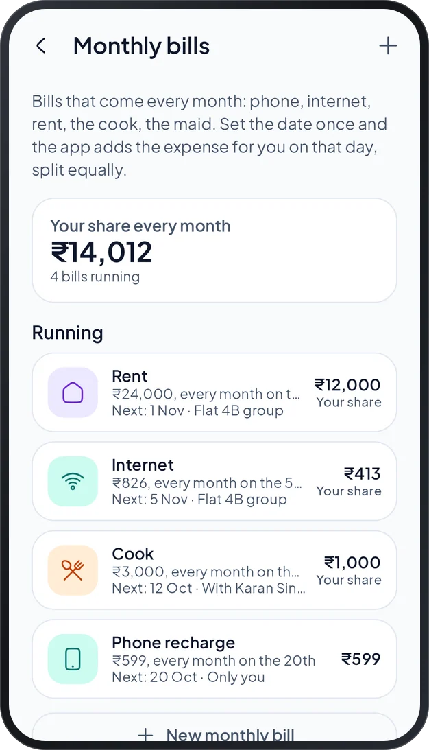 The Monthly bills screen: your share every month and a list of running bills