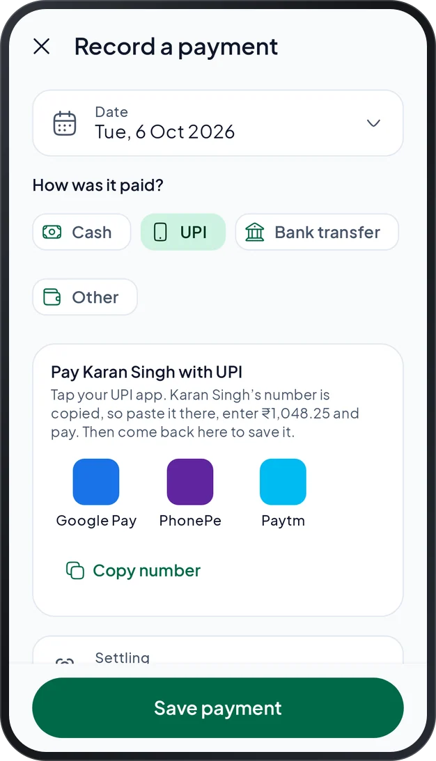 Recording a payment by UPI, with buttons to open Google Pay, PhonePe or Paytm