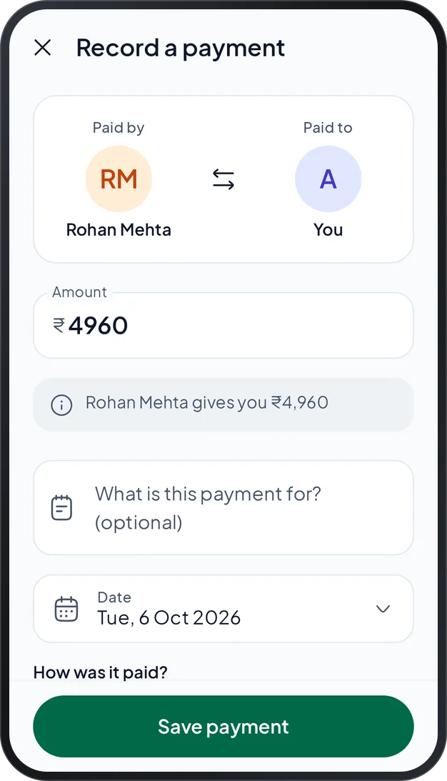 Recording a payment: who paid, who received the money and the amount