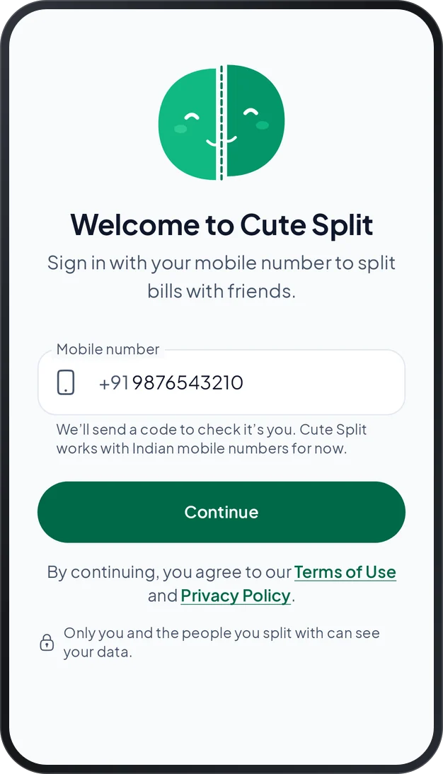 The sign-in screen: a mobile number field and a Continue button