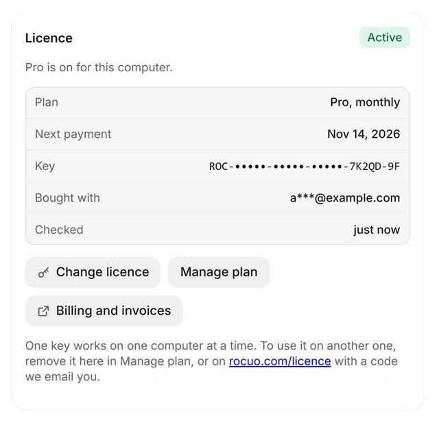 The Licence card in the plugin: Pro is active, with the plan, the next payment date and the key with most of it hidden