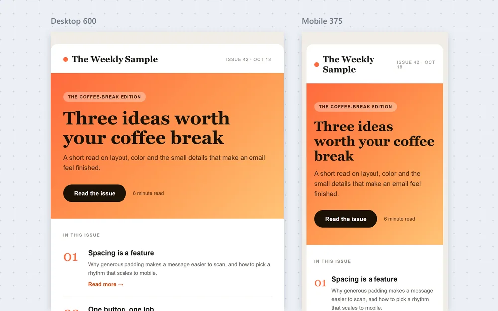 A Desktop frame and a Mobile frame of the same newsletter side by side on a Figma canvas
