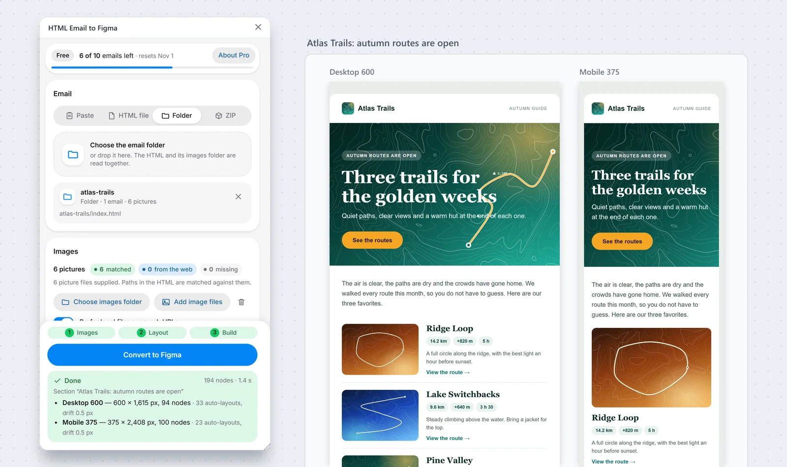 The HTML Email to Figma plugin window next to a Figma Section that holds a Desktop frame and a Mobile frame of a travel email