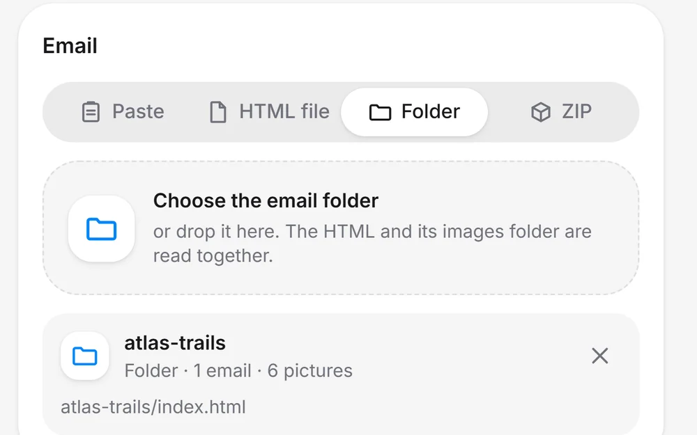 The plugin's Email card with the Folder tab chosen and one email folder loaded: 1 email, 6 pictures