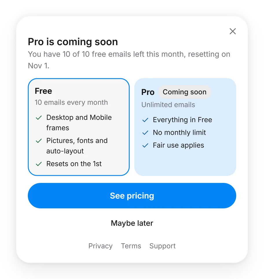 The plan window inside the plugin: Free with 10 emails every month next to Pro with unlimited emails, marked coming soon