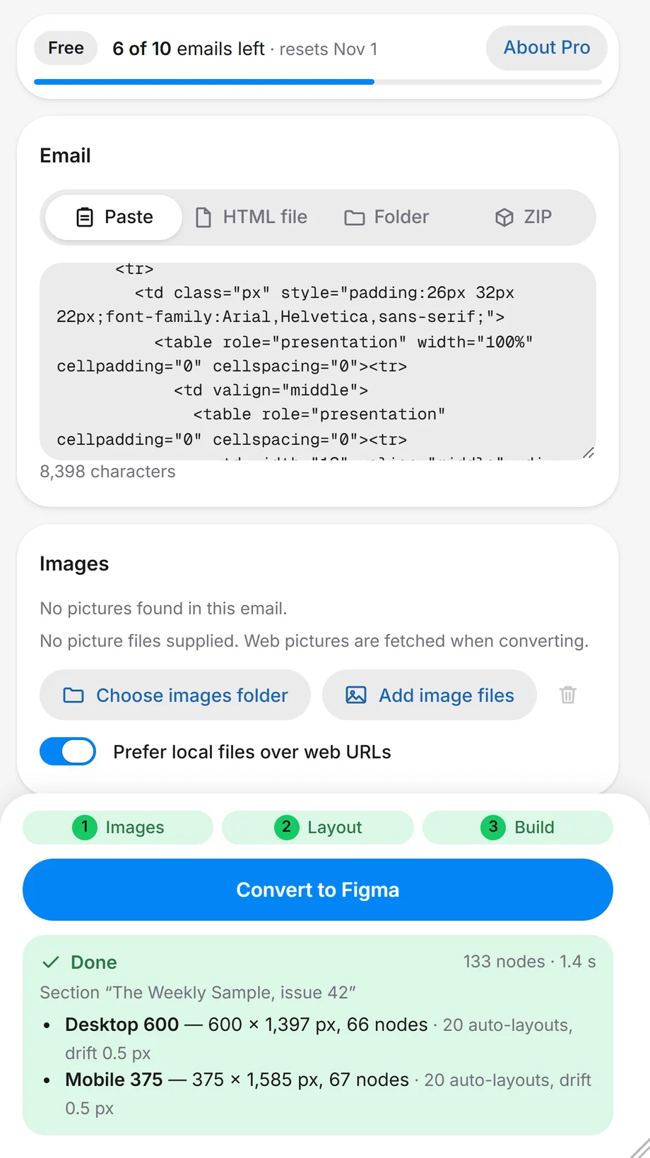The plugin window after a conversion: the Done card lists a Desktop frame of 66 nodes and a Mobile frame of 67 nodes, both with a drift of 0.5 px