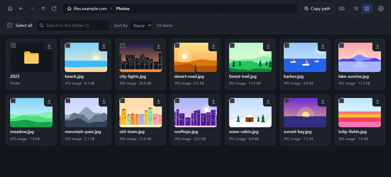 A folder of pictures as a grid of previews, in dark mode