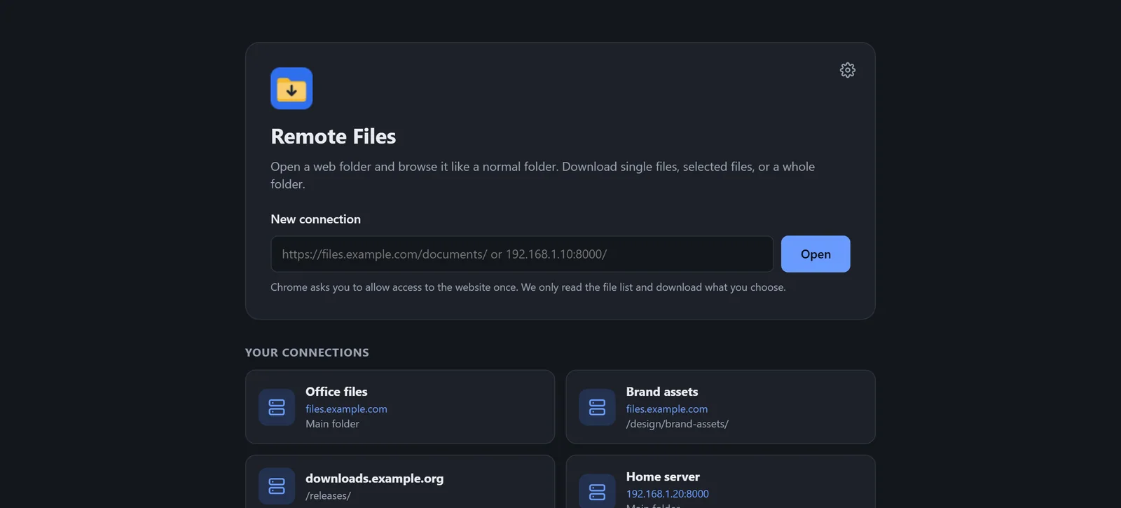 The home page in dark mode, with a box for a new connection and the saved connections below it