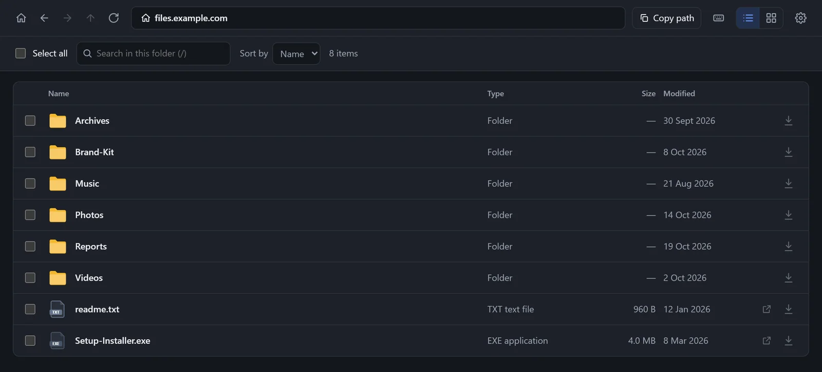 A folder in list view in dark mode