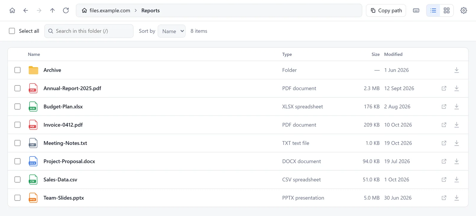 A folder of documents in list view. Each row shows the name, the type, the size and the date