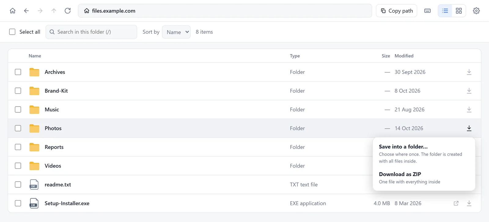 The save menu of a folder, with two choices: Save into a folder, and Download as ZIP