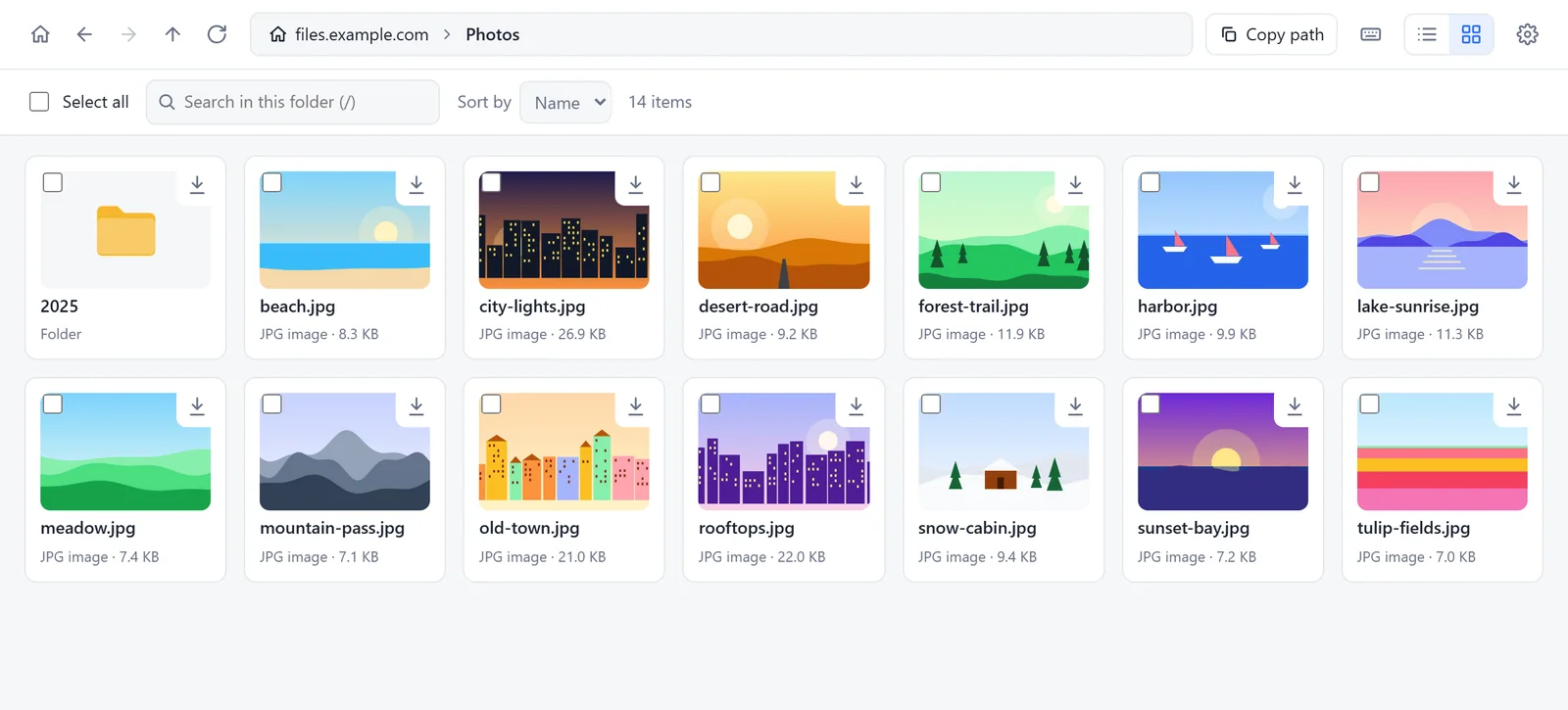 A folder of pictures in grid view, each picture with a small preview