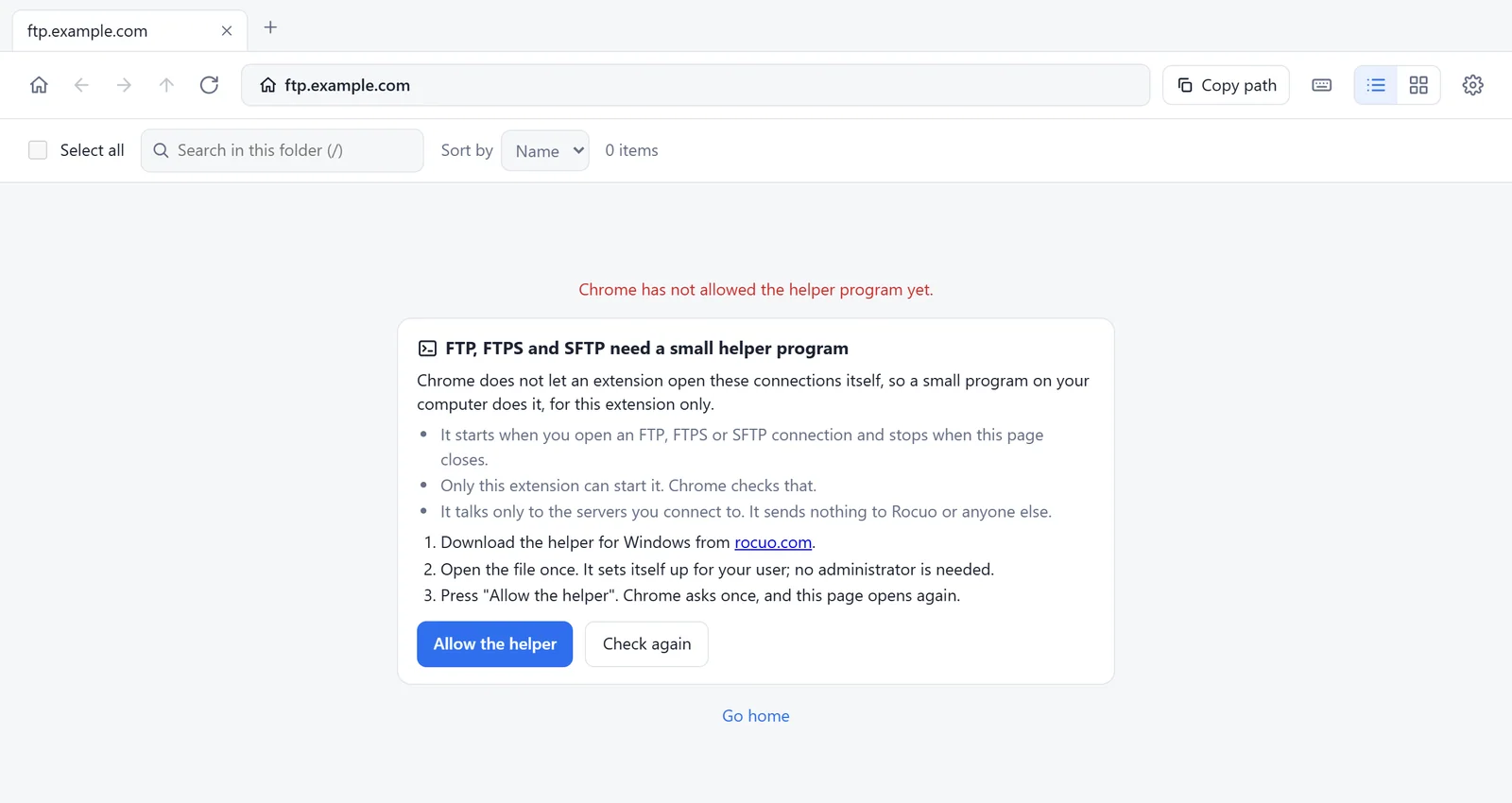 The screen of Remote Files Browser FTP that says Chrome has not allowed the helper program yet, with the buttons Allow the helper and Check again