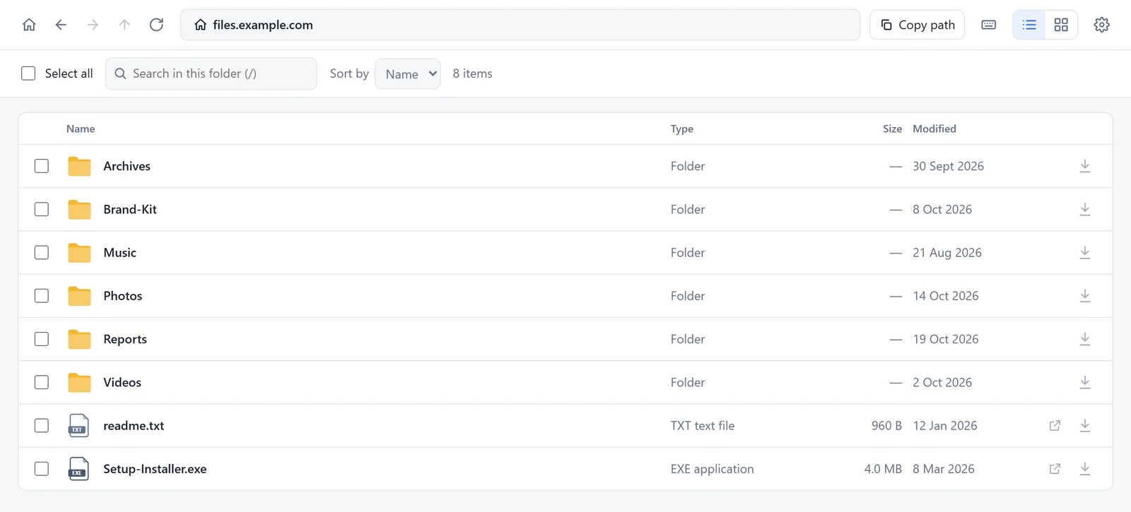 A web folder in Remote Files Browser as a list, with folders first and then files