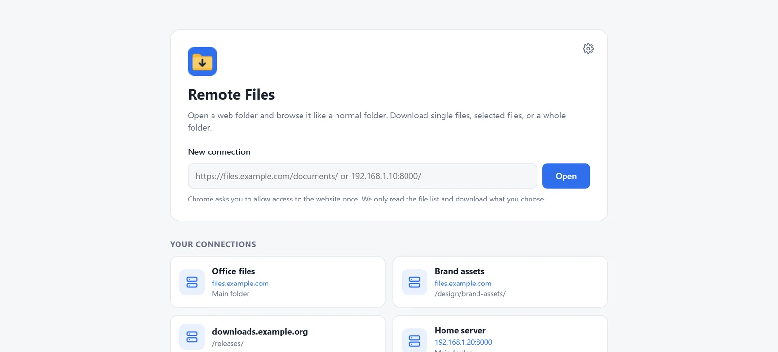 The home page of Remote Files Browser: a box for a new connection with an Open button, and the connections you saved below it