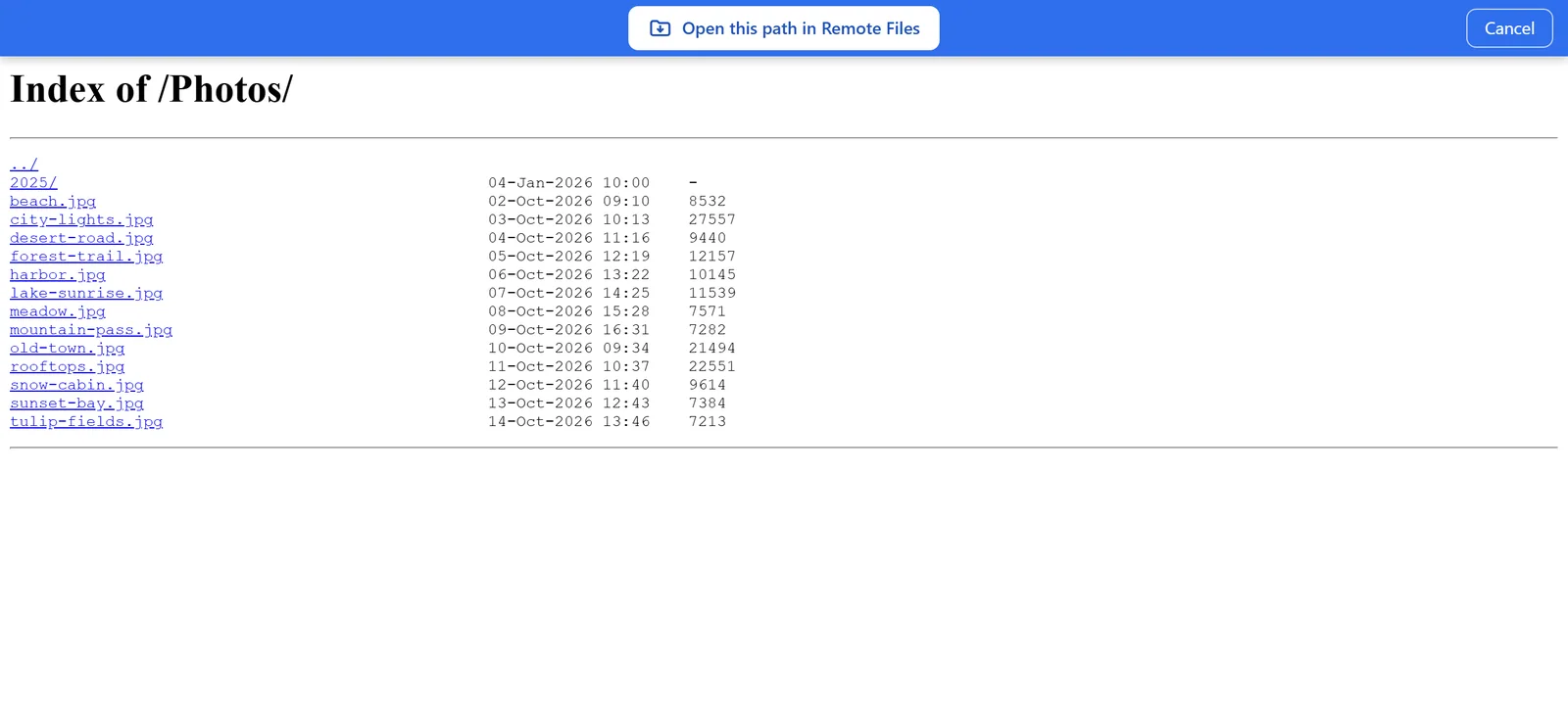 A web folder page in Chrome with a blue bar at the top. It says Open this path in Remote Files, and has a Cancel button