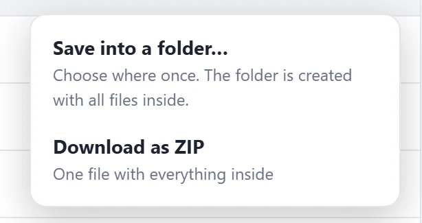 The save menu with Save into a folder and Download as ZIP
