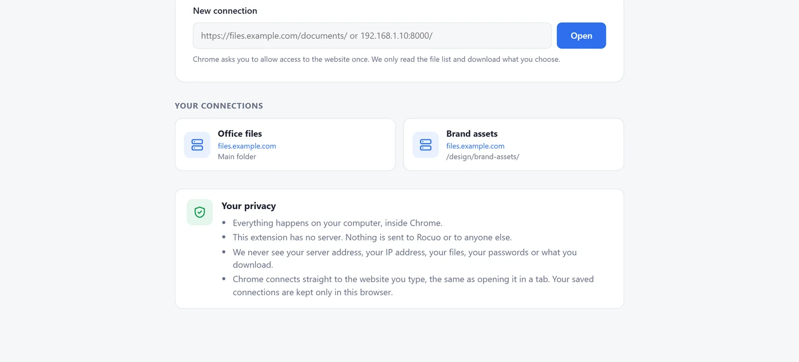 The Your privacy note of Remote Files Browser. It says everything happens on your computer and nothing is sent to Rocuo or anyone else.