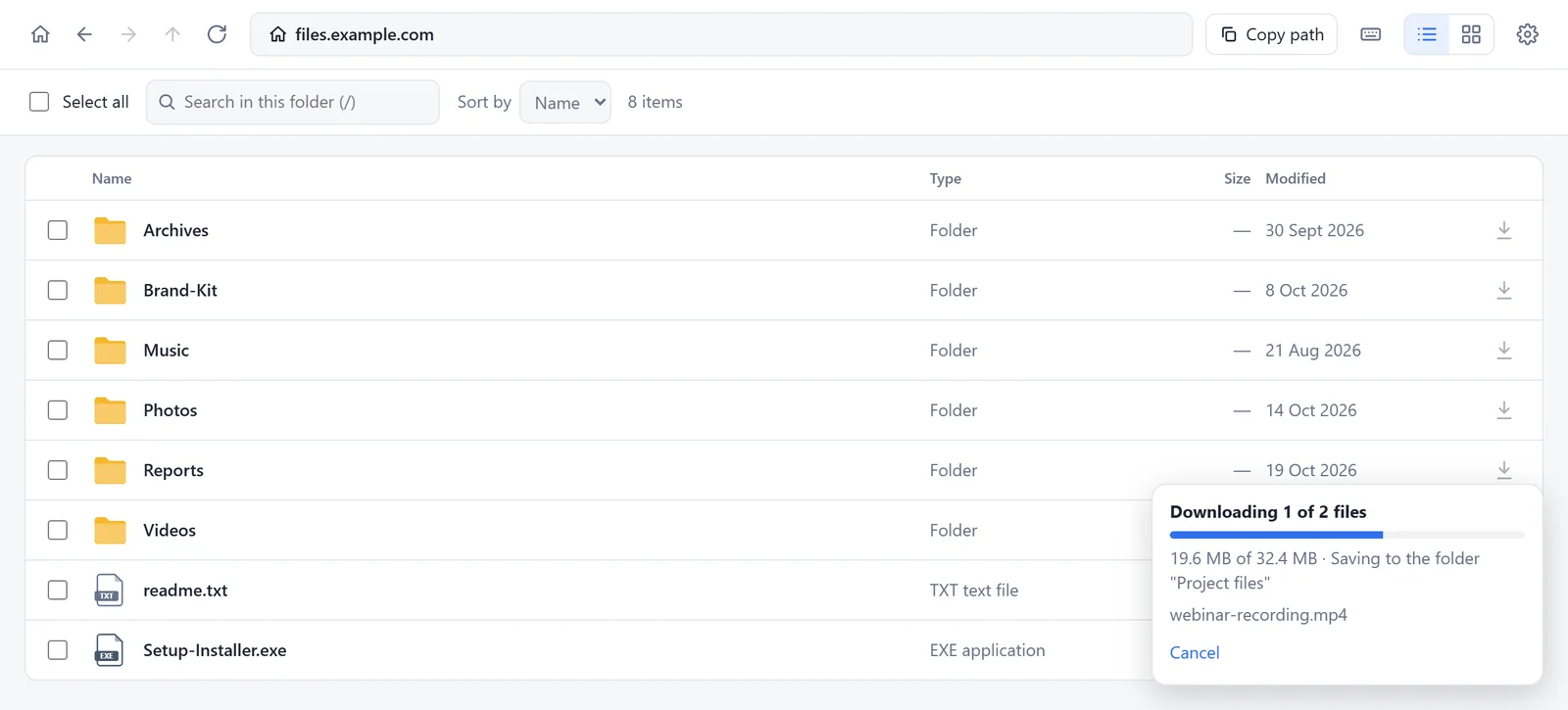 A list of folders with a progress panel at the bottom right. It says Downloading 1 of 2 files, shows a blue bar, the name of the file and a Cancel button