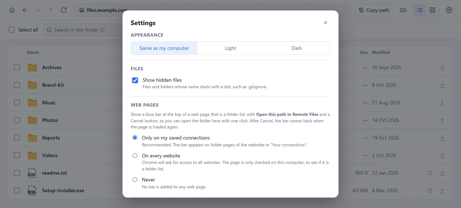 The Settings window with the Appearance choices, the Show hidden files checkbox and the three choices for the blue bar