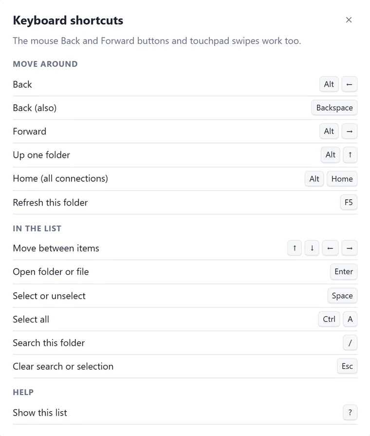 The Keyboard shortcuts window of Remote Files Browser, with the keys for moving around and for working in the list
