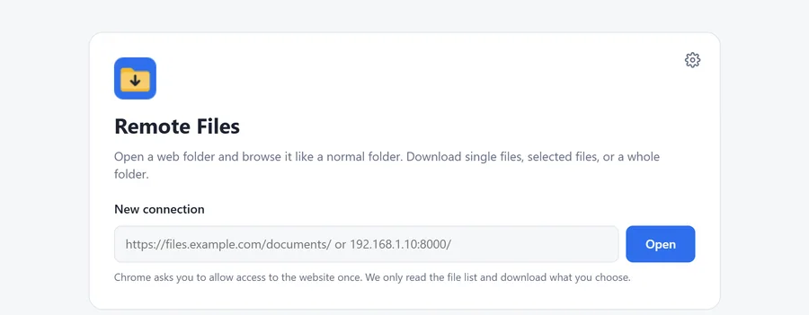 The home page of Remote Files Browser with a box for a new connection and an Open button