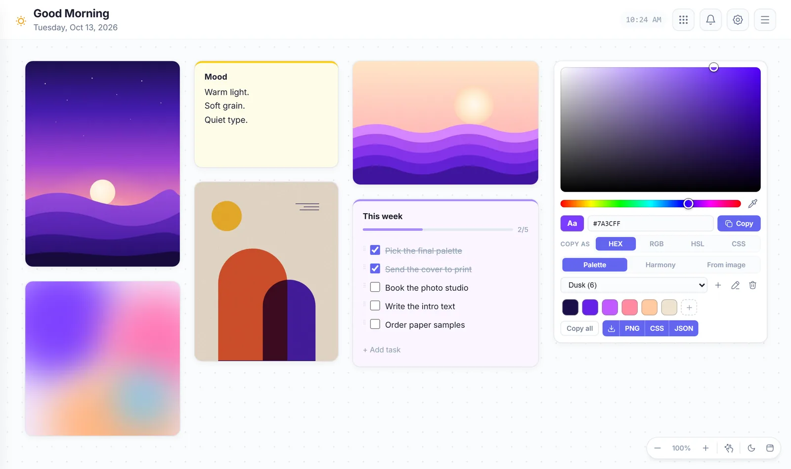 A VibeBoard board with pictures, a sticky note, a task list and a color picker on a Chrome new tab