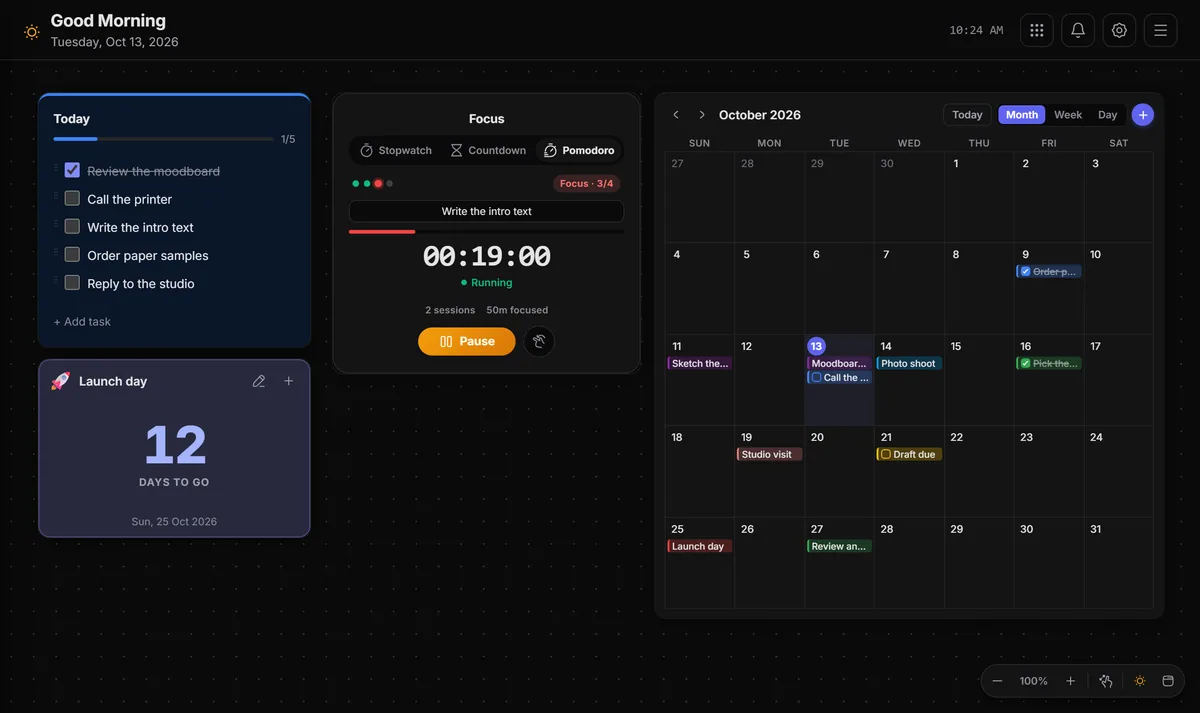 A dark board with a task list, a Pomodoro timer, a day counter and a month calendar