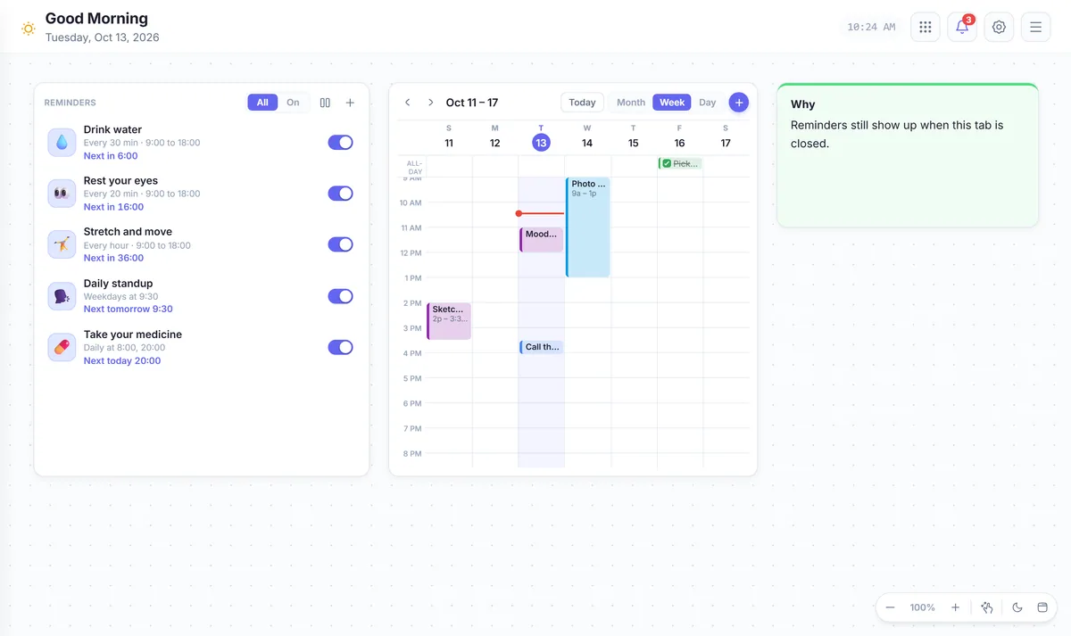 A list of repeating reminders next to a week calendar