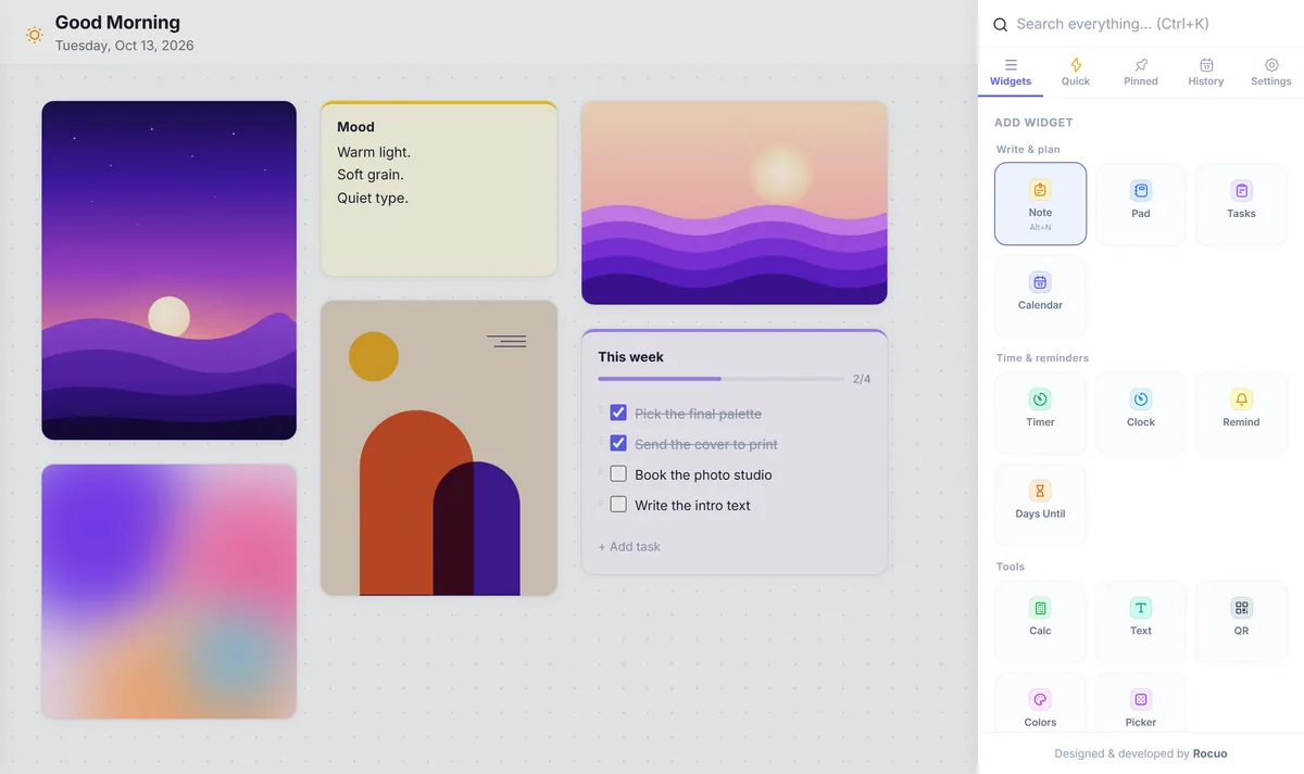 The Add Widget panel showing notes, tasks, calendar, timer and more